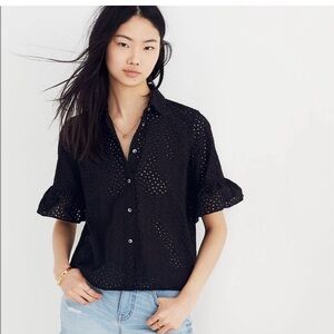 NEW MADEWELL COTTON EYELET VILLAGE RUFFLE SLEEVE SHIRT IN TRUE BLACK SIZE XXS